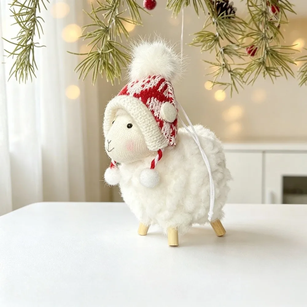 Mini Creative Sheep Scarf Hat Curly Fur Little Lamb Hanging Pendant Cute New Year Xmas Decoration Festive Gift