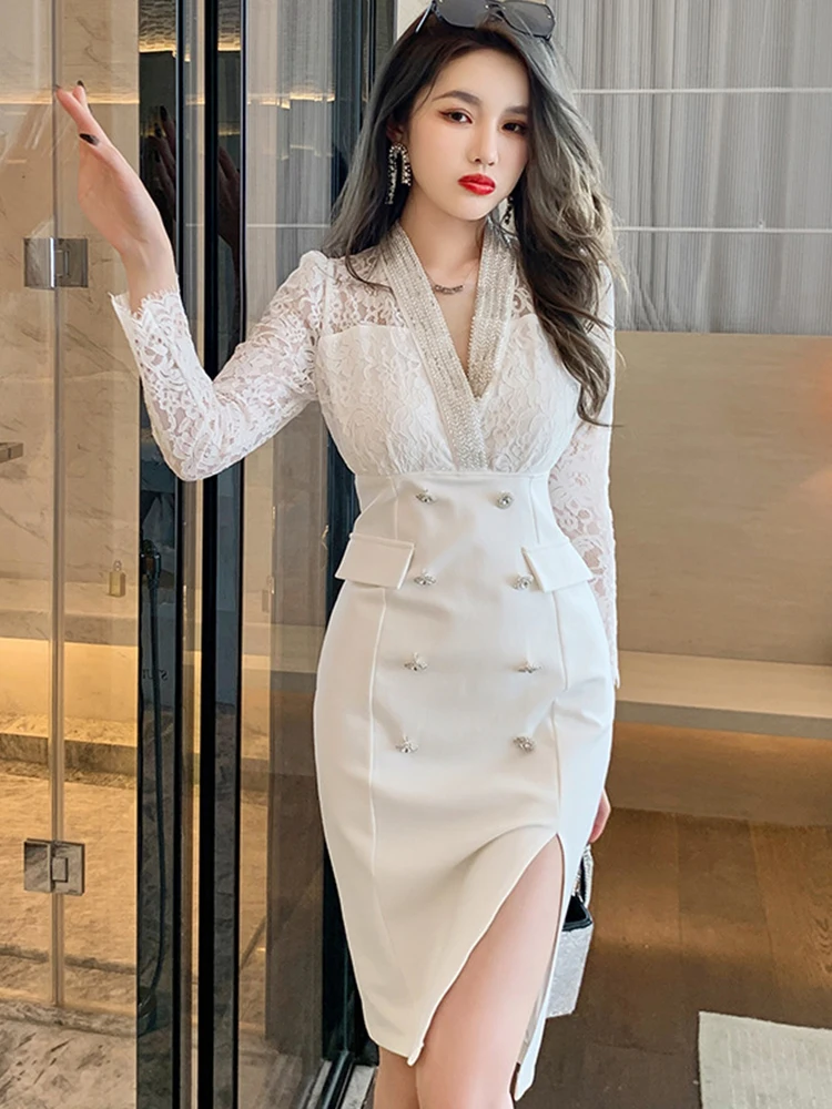 2023 Elegant Luxury White Dresses for Women Sheer Lace Embroidery Spliced Double Breasted Slit Lady Clothes Party Office Vestido