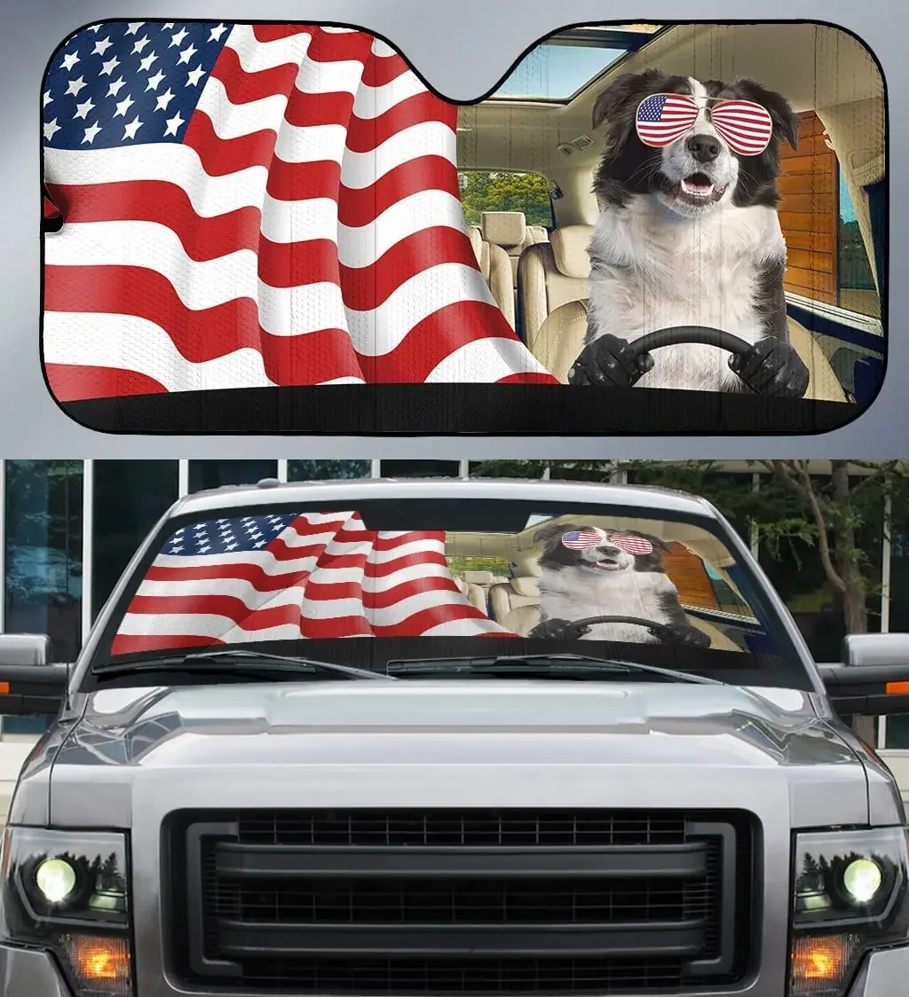 Border Collie Dog Driving Left Hand with America Flag Car Sunshade Auto Sun Shade, Windshield Visor for UV Sun Block,