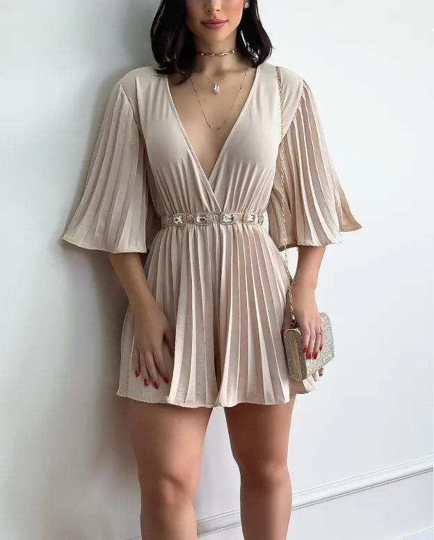 Solid Color Pleated Short Jumpsuits Women Sexy Deep V-neck Backless Flared Half Sleeve Jumpsuit Fashion Elegant Female Clothing