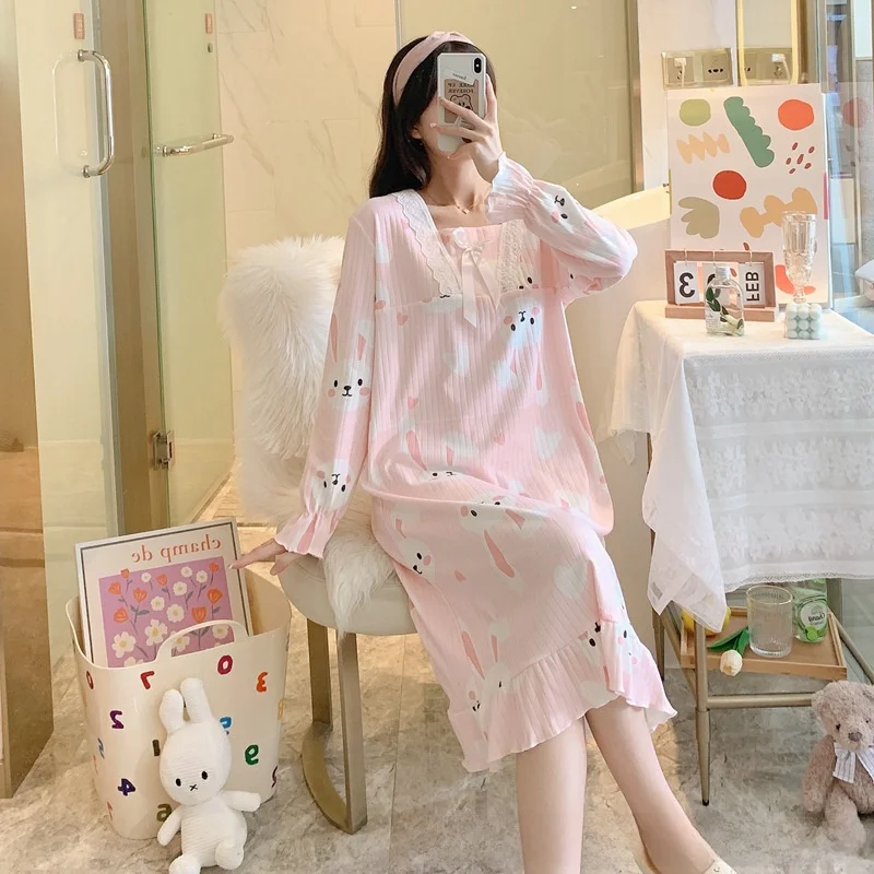 

Princess Style Long Sleeve Sleep Dress Women's Cute Doll Collar Nightgown Outerwear Compatible Polyester Long Skirt Dress