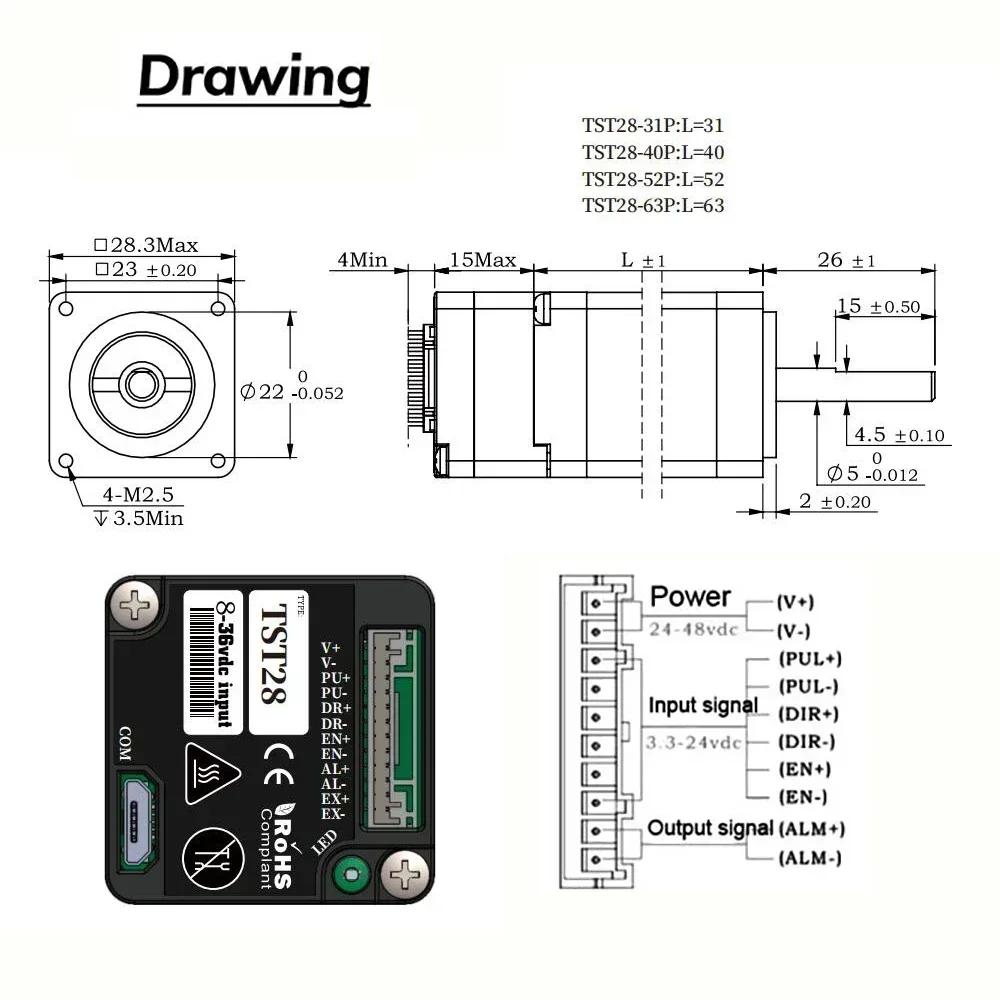 Nema11 28mm Closed Loop Stepper Drive All-in-one Encoder Hybrid Integrated Motor 5mm Shaft 0.08Nm-0.24Nm With encoder 1000 Line