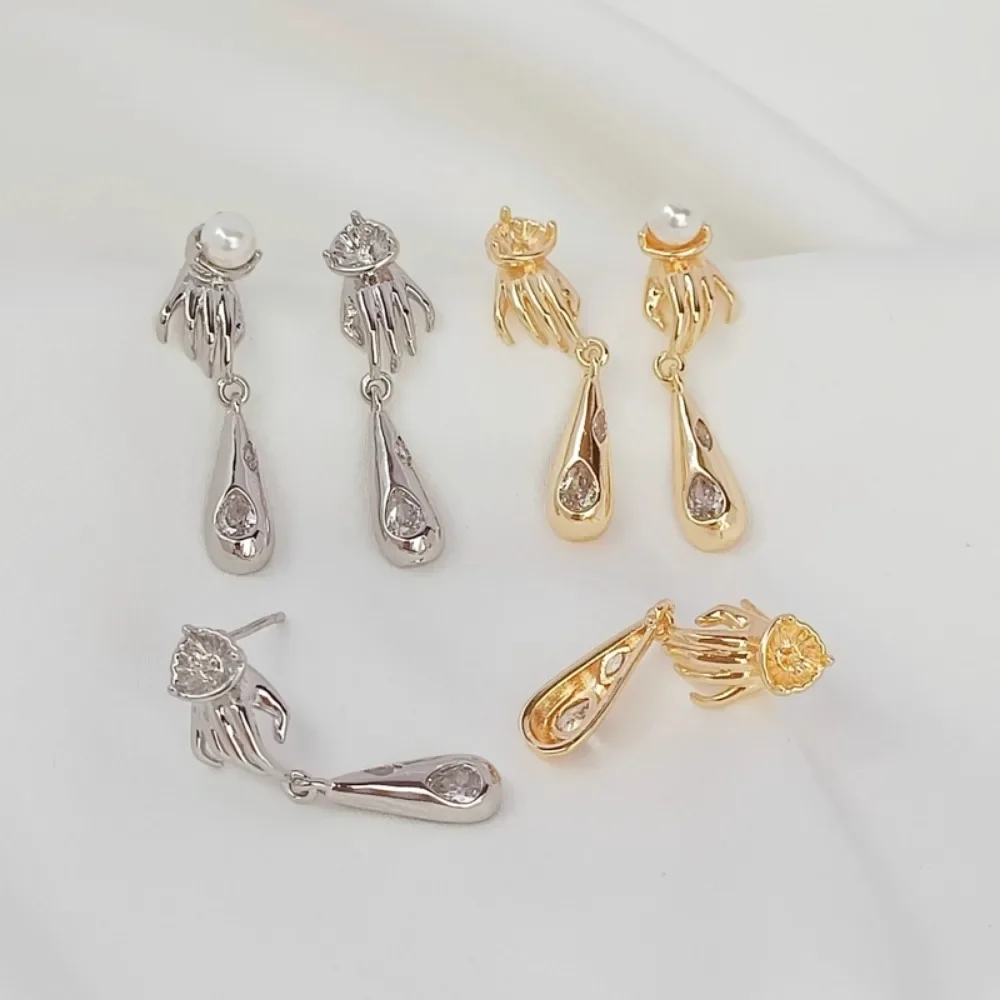 

14K Gold-plated Hollow Claw Water Drop S925 Ear Needles DIY Handmade Sticky Pearl Ear Stud Earrings Material Accessories