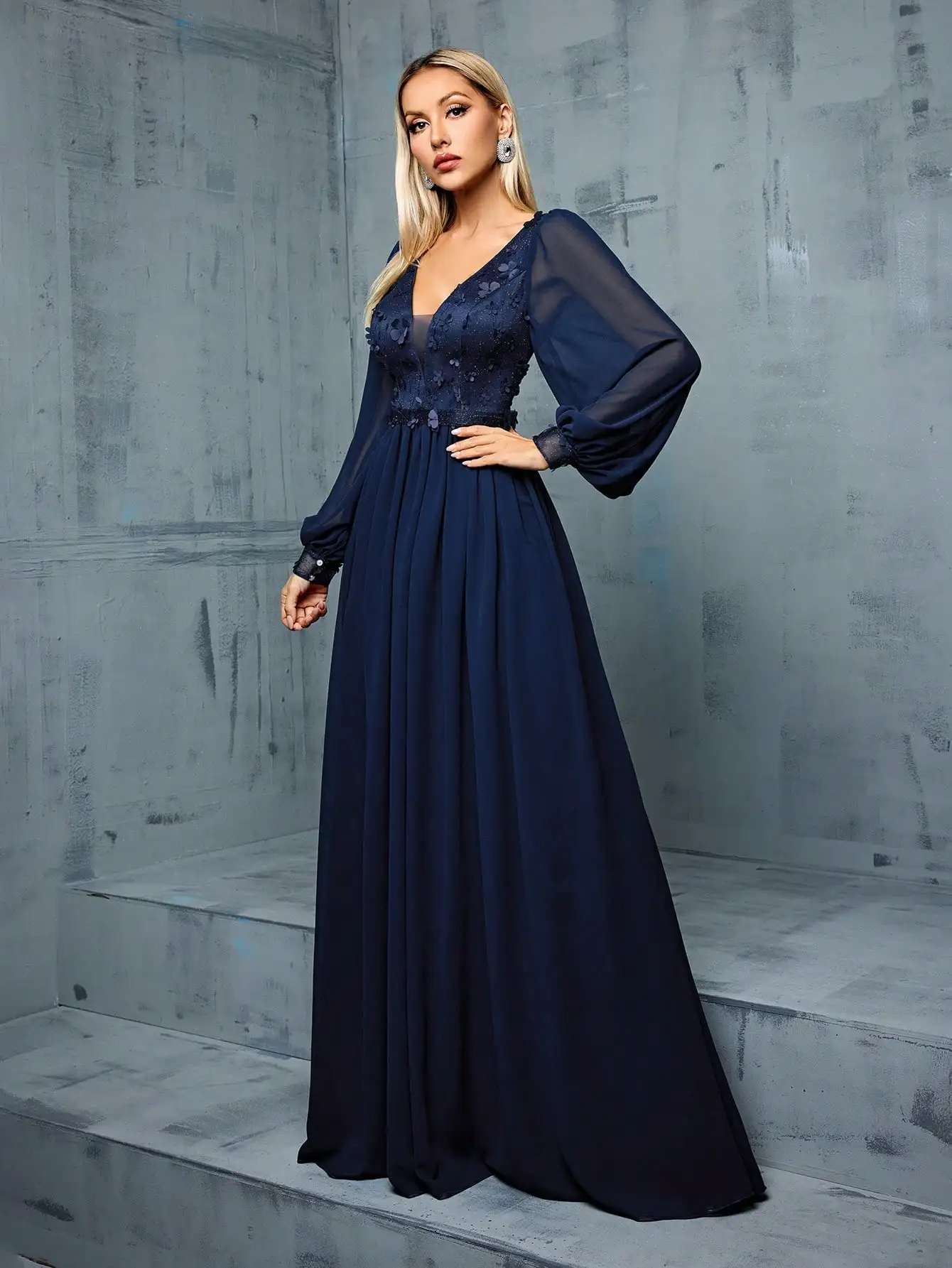 MGIACY Three-dimensional applique patchwork long sleeve chiffon big swing bridesmaid dress image 3