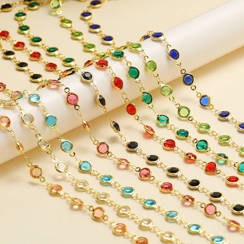 1 Meter Stainless Steel Multicolored Crystal Beads Chains Link Chain for DIY Fashion Necklace Jewelry Bracelet Earrings Findings