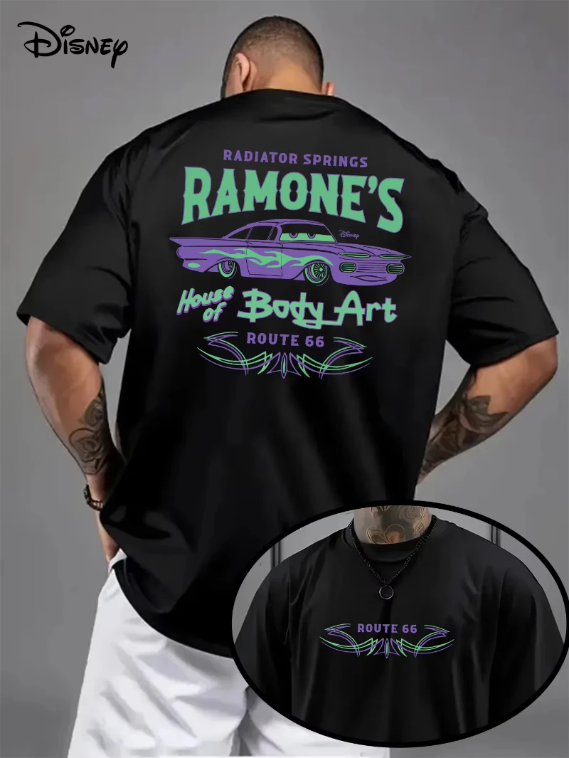 Disney Ramon Route 66 Retro Pattern Round Neck Casual Cotton Loose T-shirt with Bright Neon Design Disney Casual T-shirt