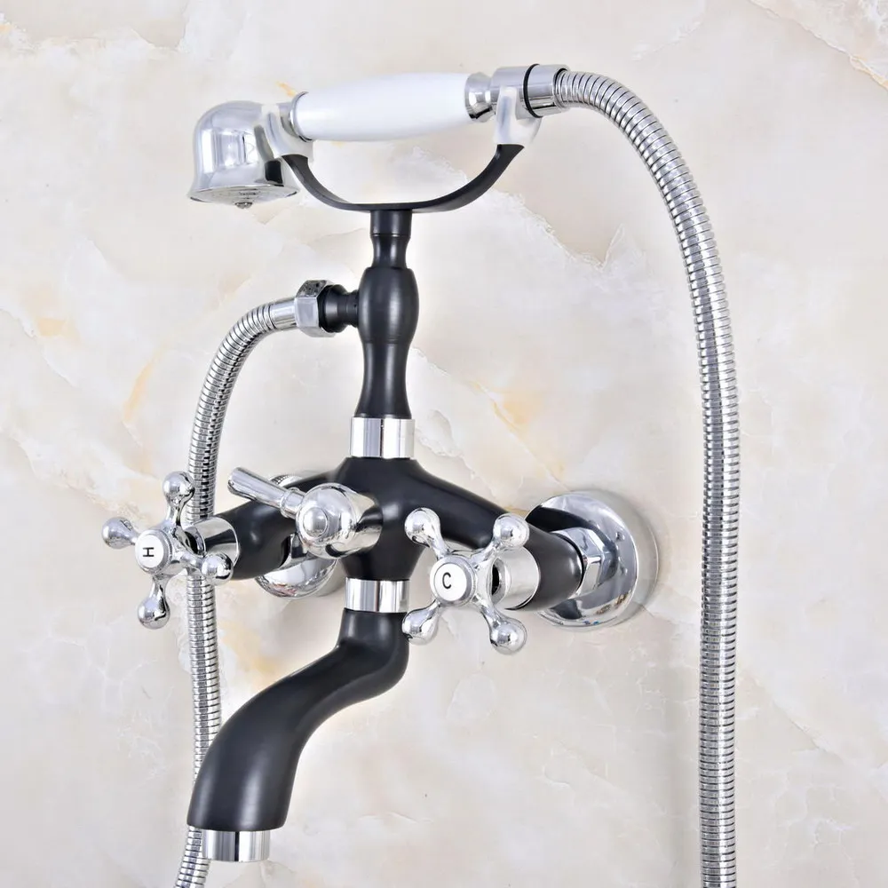 Oil Rubbed & Chrome Brass Two Handle Wall Mounted Bathroom Tub Faucet Set with 150CM Hand Held Shower Spray Mixer Tap 2na602