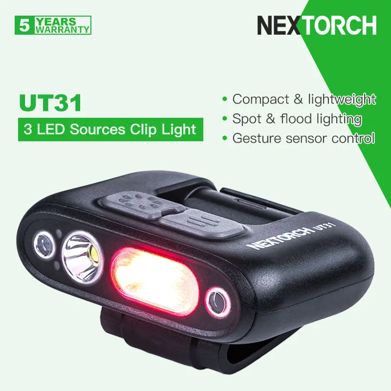 Nextorch-UT31 Clip Light, Type-C Recarregável, Spot e Flood, Ângulos duplos, Aviso de segurança, Branco, Azul, Vermelho, 3 fontes de luz