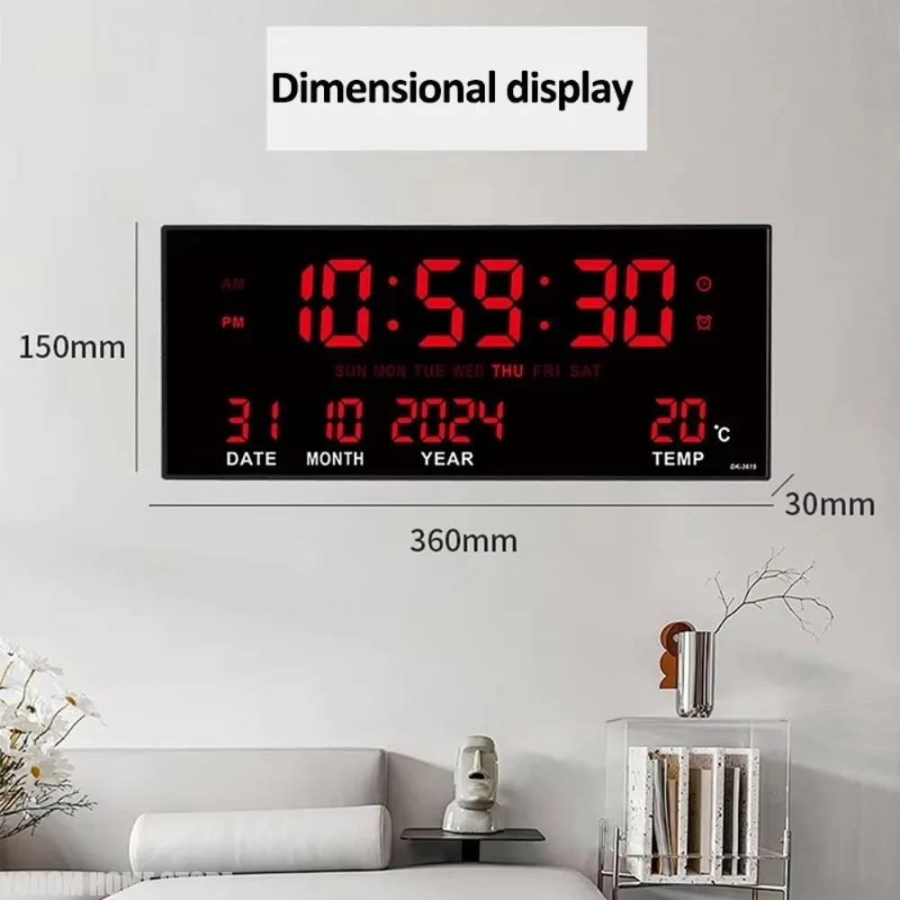Digital Large Wall Clock Alarm Temperature Date Calendar Display 8 Sets of Alarm Clocks 14'' Electronic LED Clock Plug in Use view 5