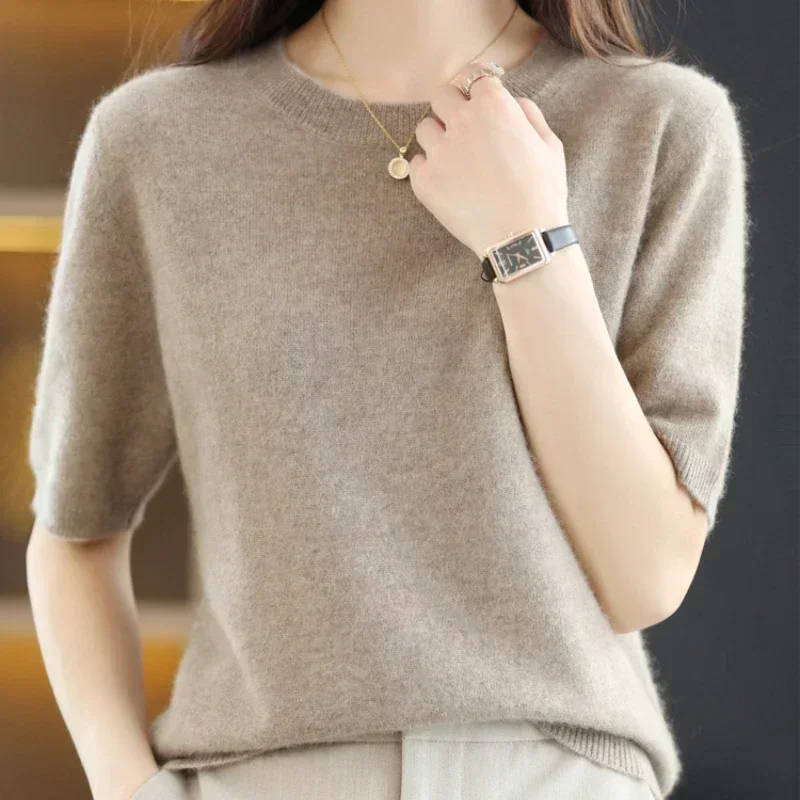 2024 Spring New Design Grace Simplicity Light Women's O-neck Short-Sleeved Worsted Europe Style Cashmere Sweater Pullover Soft