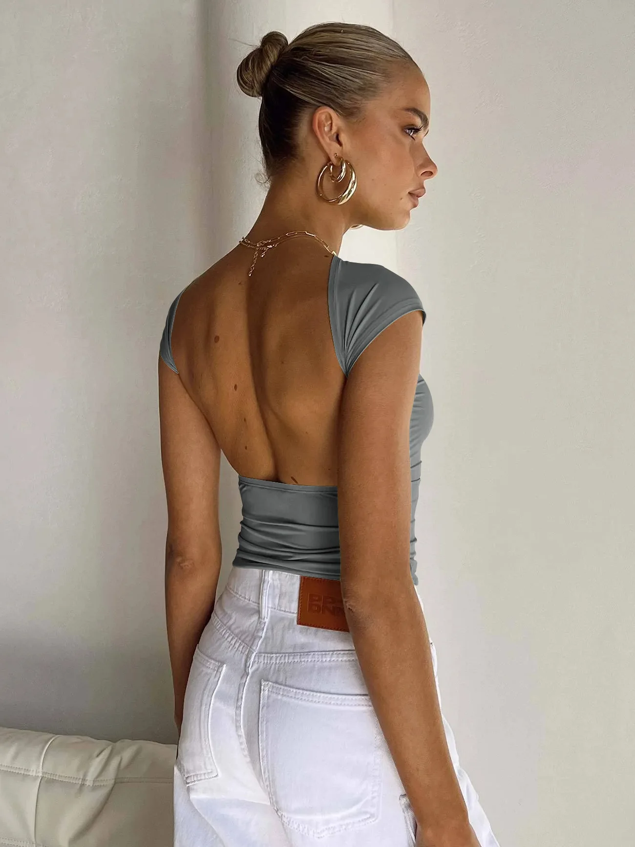 2025, Sommer, neue Mode, Damen-Tops, T-Shirts, Y2K, sexy, rückenfrei, bequem, atmungsaktiv, kurzärmelig, Slim-Fit-Damenbekleidung – Detail 37
