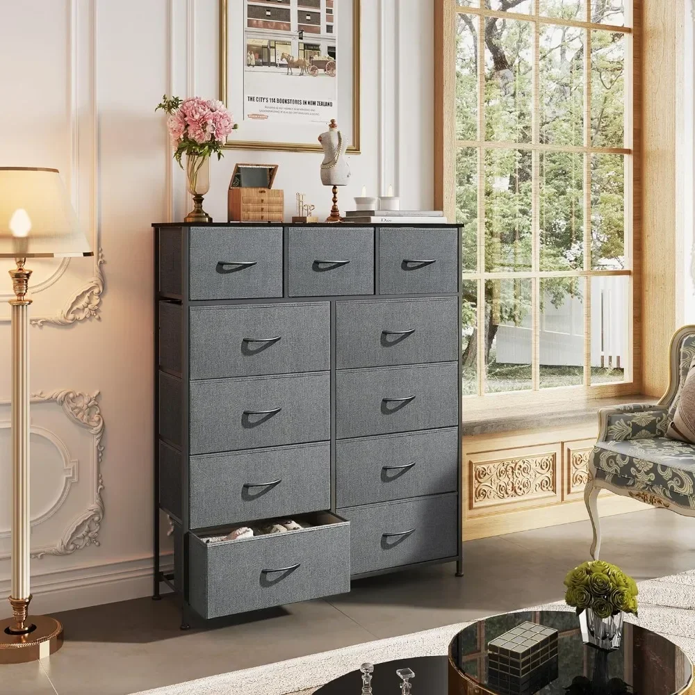 

Dark Grey Chest of Drawers in the Bedroom Furniture Easy Pull Handle Dressers for Bedroom 11-Drawer Dresser Make Up Table Vanity