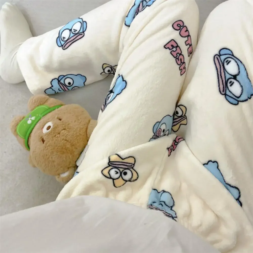 Sanrioed Cartoon Hangyodon Women Plush pajama pants Anime Kawaii Cinnamoroll Kuromi Coral Fleece Thicken Warm Girls Pants