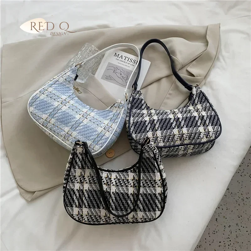 

Women Plaid Shoulder Bags Vintage Ulzzang Underarm Canvas Bag Ladies Elegant All-match Design Zipper Half-moon Handbags Trendy