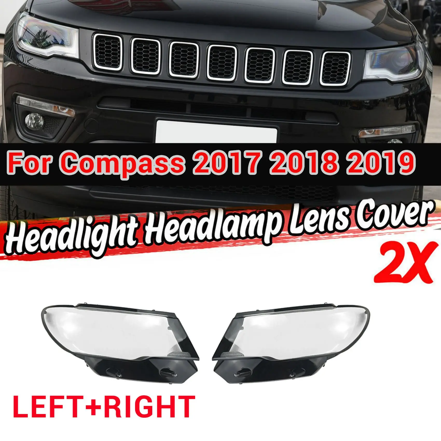 

Right Side for Jeep Compass 2017 2018 2019 Car Headlight Lens Cover Lampshade Transparent Front Light Shell