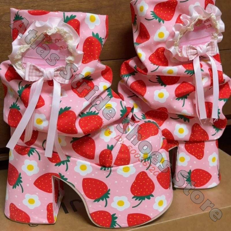 Strawberry Floral Print Slouchy Mid Calf Boots Ruffle Bow Flower Platform Block Heel Sweet Lolita Boots Ladies Kawaii Party Boot