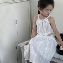 Summer Girls' Dress Children's White Cute Open Back Fashion Street Embroidered Hanging Strap Dresses Toddler Girl Clothes 3-9T