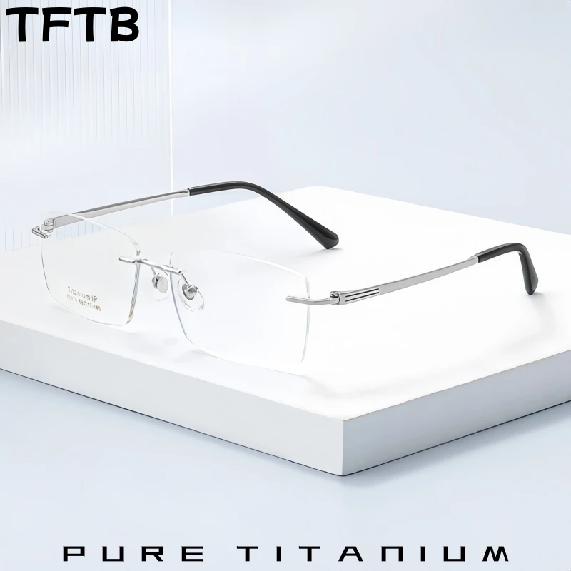 

TFTB Ultralight Business Men's Pure Titanium Rimless Glasses Big Size Fashion Square Optical Prescription Eyeglasses Frame 71374