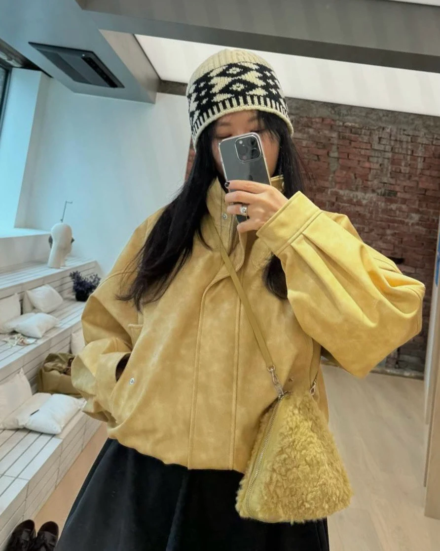 スイートクールレトロバイクスタイルショートコートジャケットスタンドカラールーズフィットPUレザーバイカージャケット若い女性向け