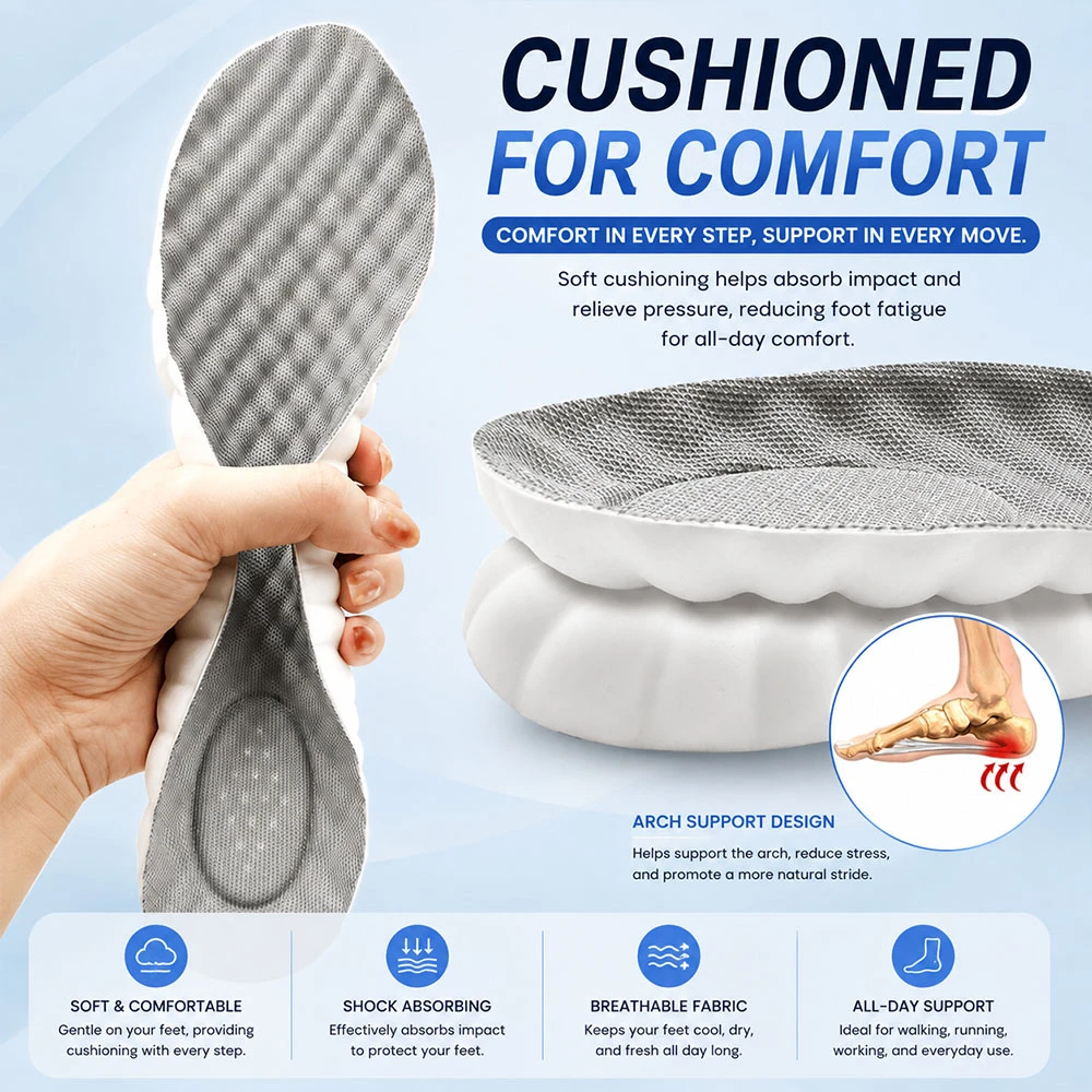 Sports Cushion Insoles Soft Breathable Shock Absorption Running Orthopedic Shoes Comfort Fresh Daily Light Smooth Walk