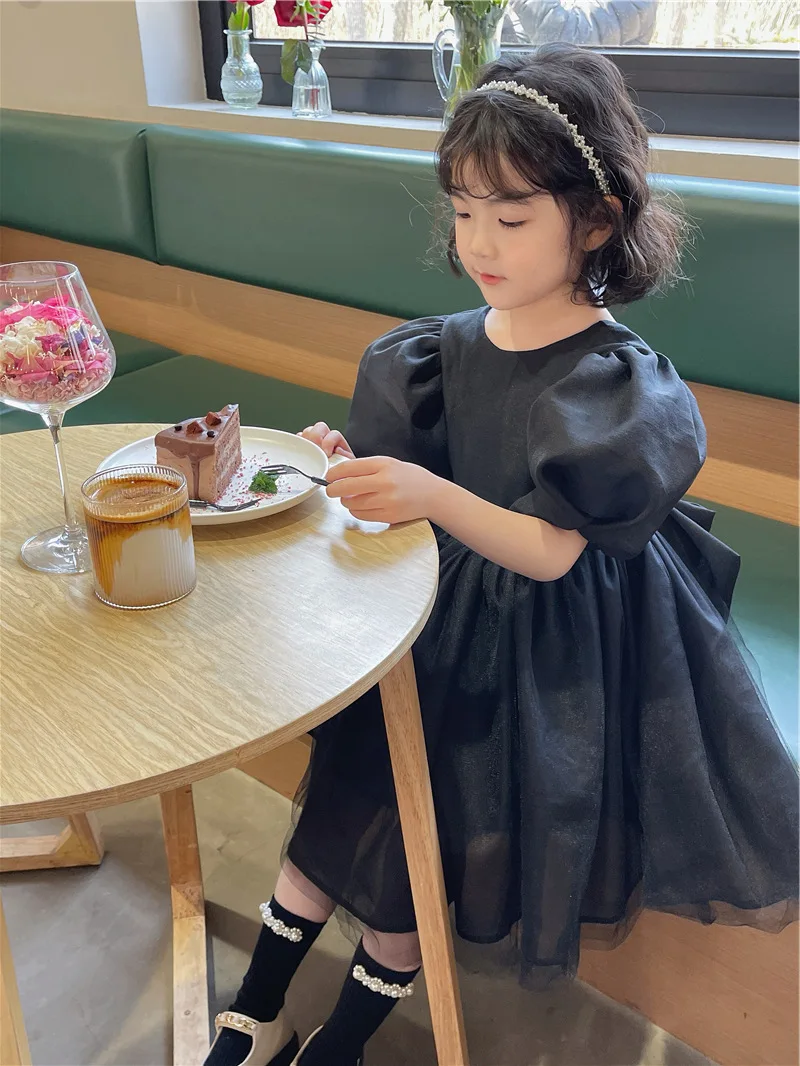 Baby Girl Princess Dress 2025 Summer Korean New Style Temperament Black and Pink Evening Dress Puff Sleeveless Kids Clothes