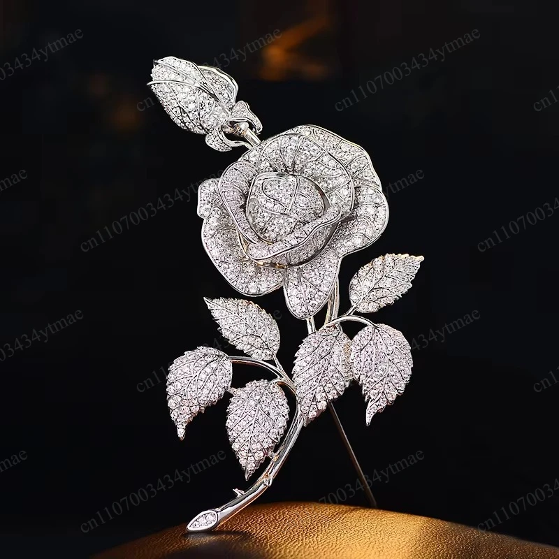 Thorn Bush White Rose Brooch Luxurious Micro‑inlaid Zircon Flower Pin Romantic Elegant Versatile Accessory for Coat Suit