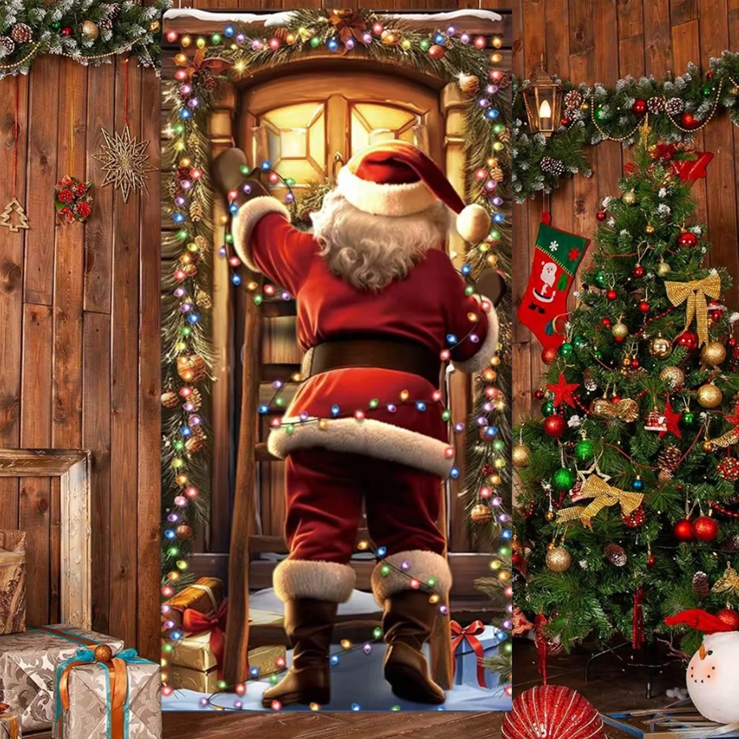 Christmas Santa Theme Nut Cracker Snowman Door Banner Ornaments Door Cover Banner Photography Background Indoor Outdoor Veranda