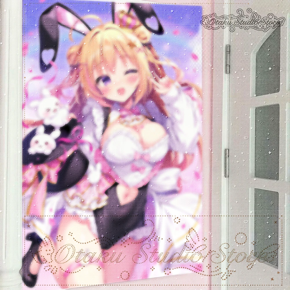 うさみみ Usamimi Bunny Girl Anime Tapestry ピンクリボン Pink Ribbon Mini Crown Heart Cutout Outfit Pet Rabbit Sky Petal Wall Hanging Poste