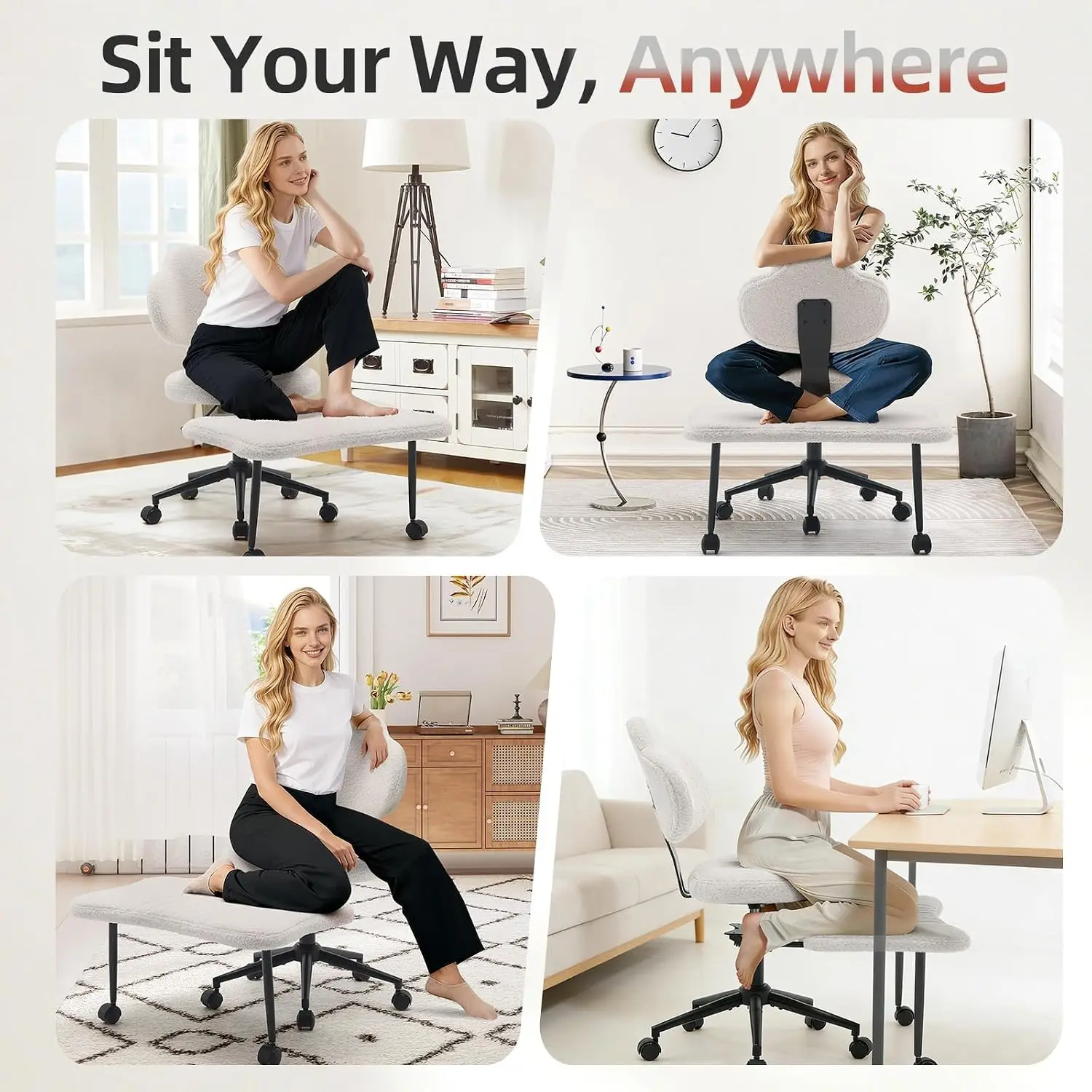 White Cross Legged Office Chair Meditation Seat with Lumbar Support for Desk Work, Yoga & Mindfulness Comfortable & Space-Saving