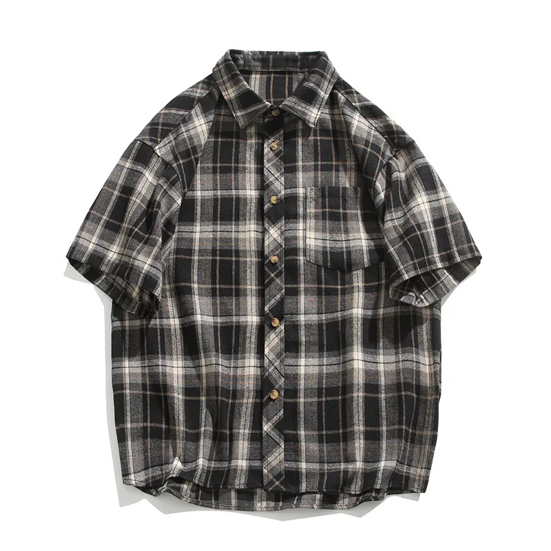 2026 Summer Men's Casual Plaid Short Sleeve Shirt Korean Style Loose Plus Size Breathable Button Down Tops Shirts for Man