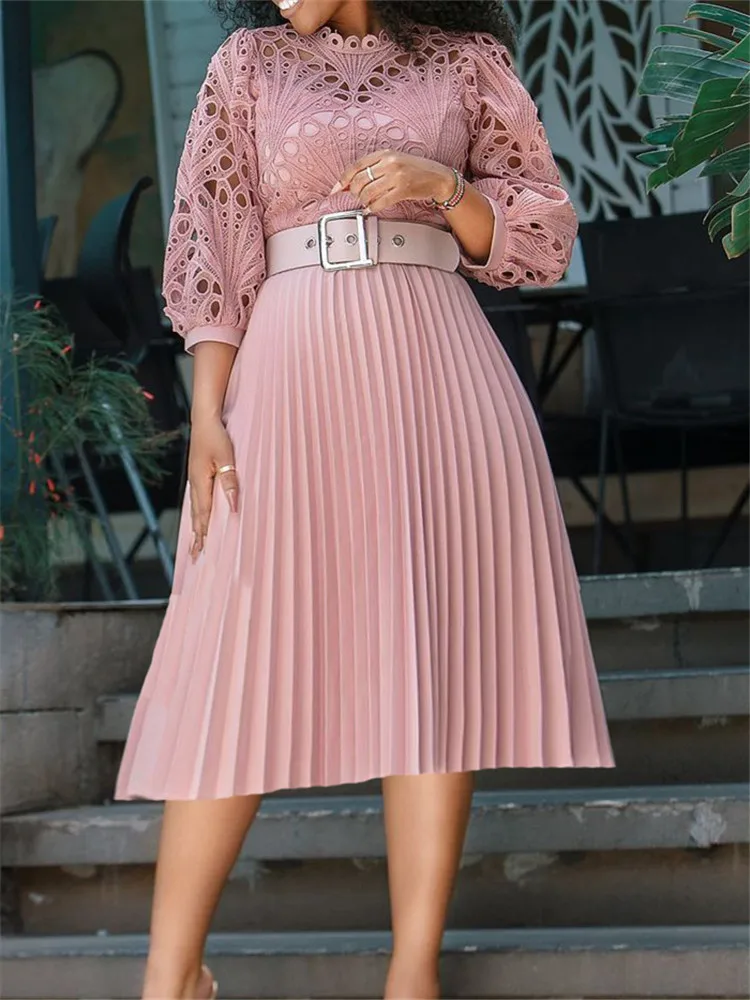

5XL -S Plus Size Dresses Women Pink Party Dress Office Lady Dresses with Belt Pleated Zipper Hook Flower Streetwear Large Luxury