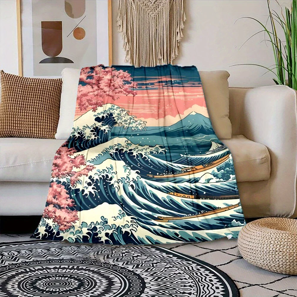 Great Wave Print Throw Blanket Comfort in Vibrant Colors for Bed, Sofa, Camping & Travel - Easy Care, Reversible Design