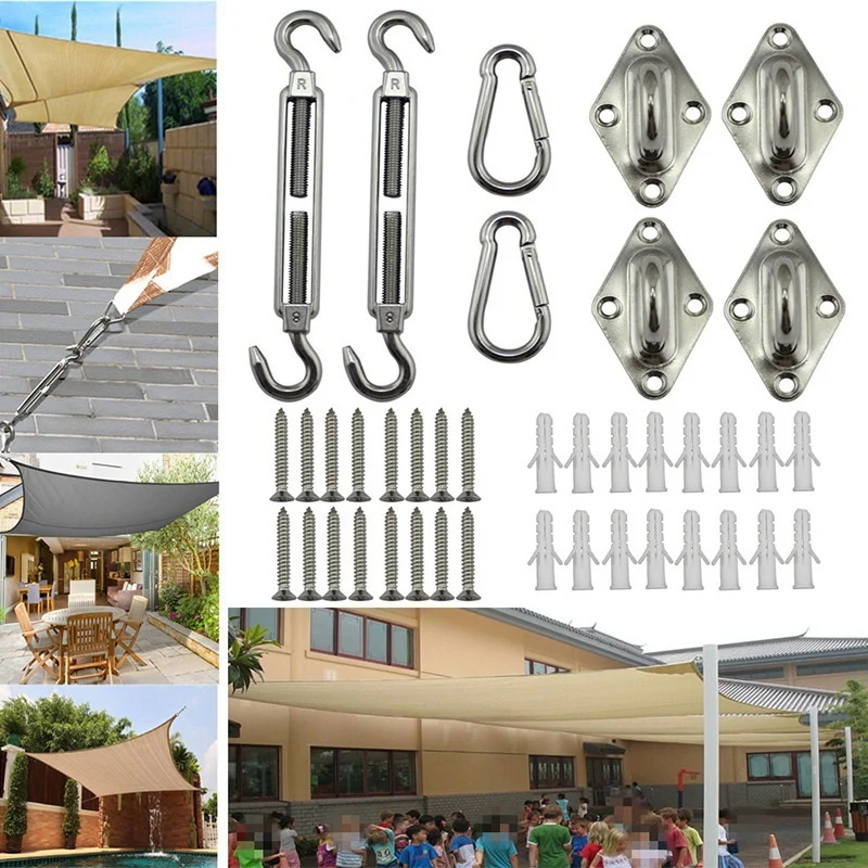 40PC Sun Shade Sail Canopy Fixing Accessories Stainless Steel Hardware Kit Eye Turnbuckle Snap Hook Screw Carabiner Clip