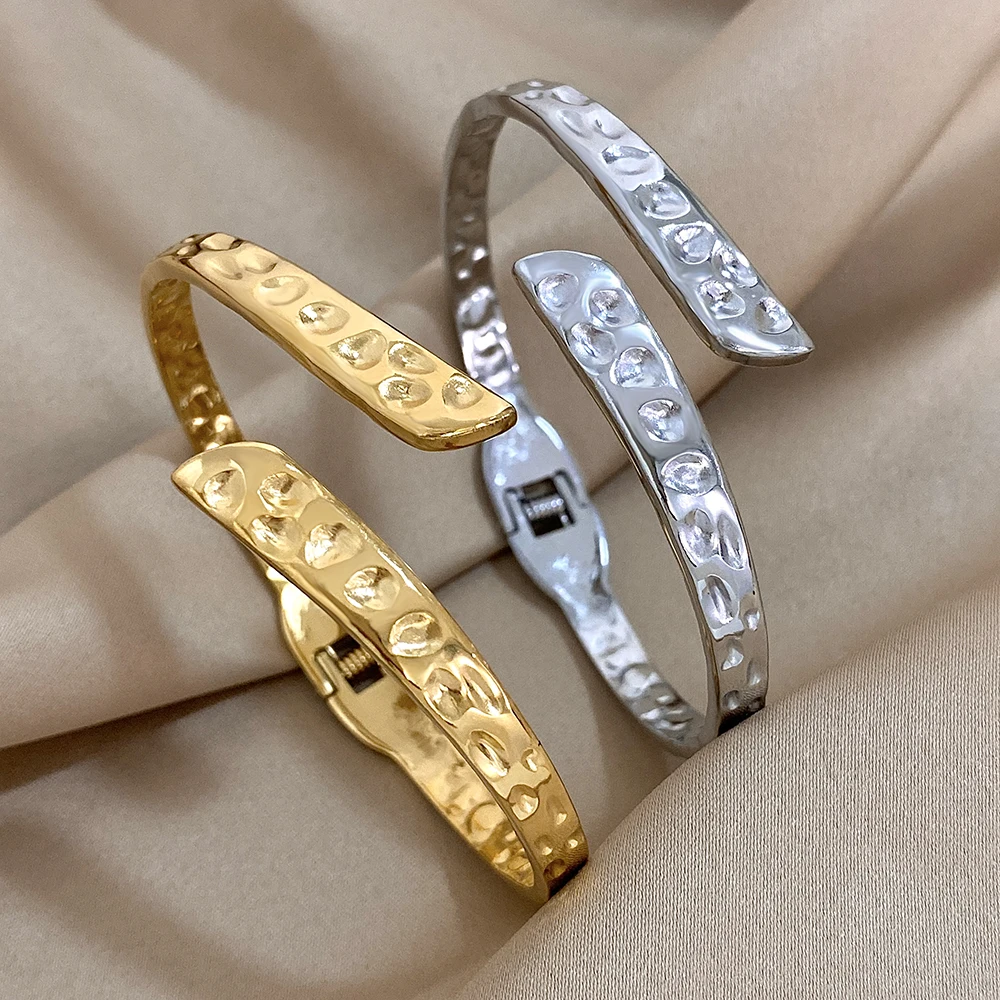 Vintage Stainless Steel Open Cuff Bangle for Women Handmade Hammered Dots Gold Plated Metal Waterproof Wrist Jewelry