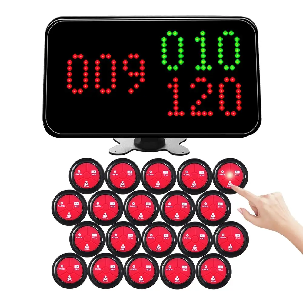 Wireless Calling System Call Waiter Pager 3 Digit Number Pagers for Restaurant Fast Food Cafe 1 Displays and 20 Table Buttons