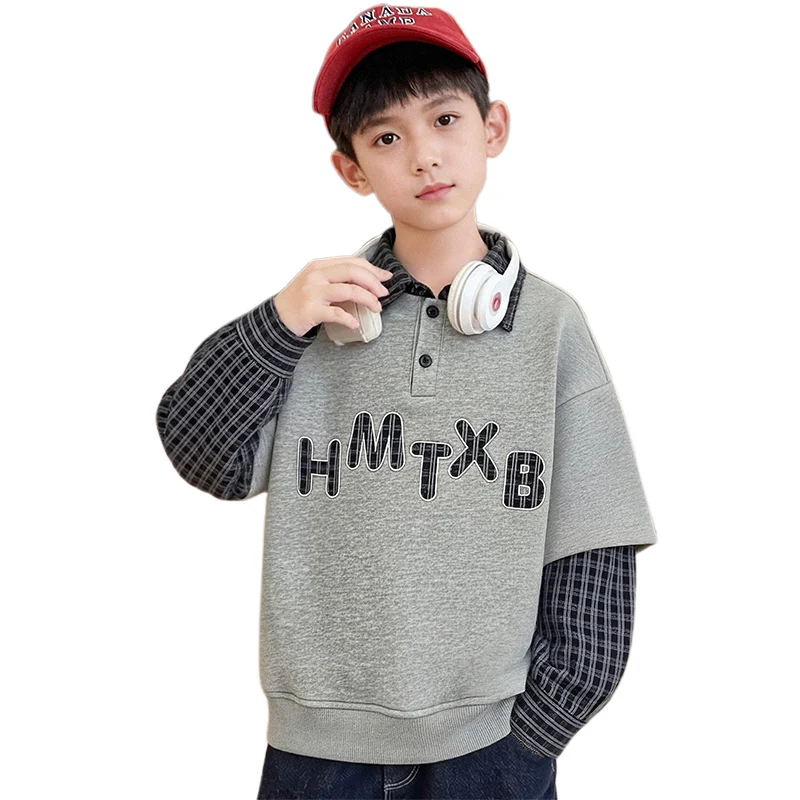 Stylish Children Fashion Double Layered Polo Sweatshirt for Kids Boys Plaid Long Sleeved Thick T-Shirt Sweatshirt Streetwear