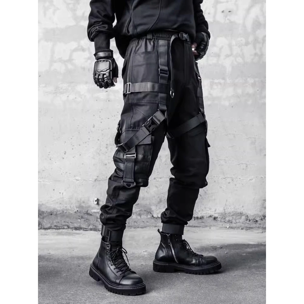 Hip Hop Tactical Pants Men Ribbons Joggers Cargo Trousers 2025 Spring Functional Elastic Waist Fahsion Streetwear Pant Black