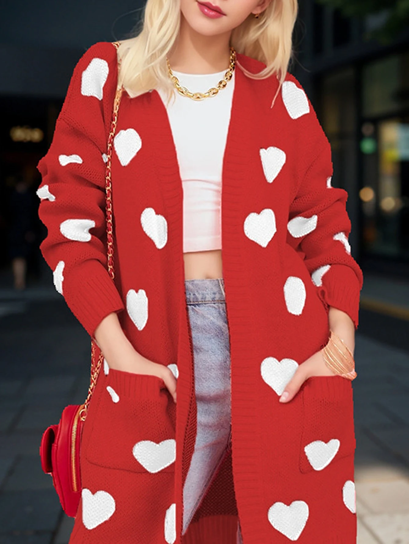 سترة نسائية طويلة مطبوعة برقبة على شكل حرف V مفتوحة من الأمام كاجوال عصرية للخريف والشتاء أنيقة وعصرية يوميًا