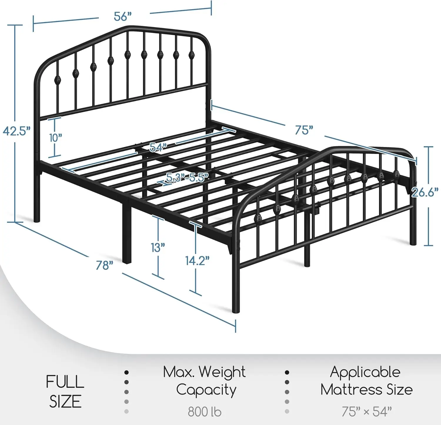 Full Bed Frames Metal Platform Bed with Victorian Style Wrought Iron Headboard and Easy Assembly/No Box