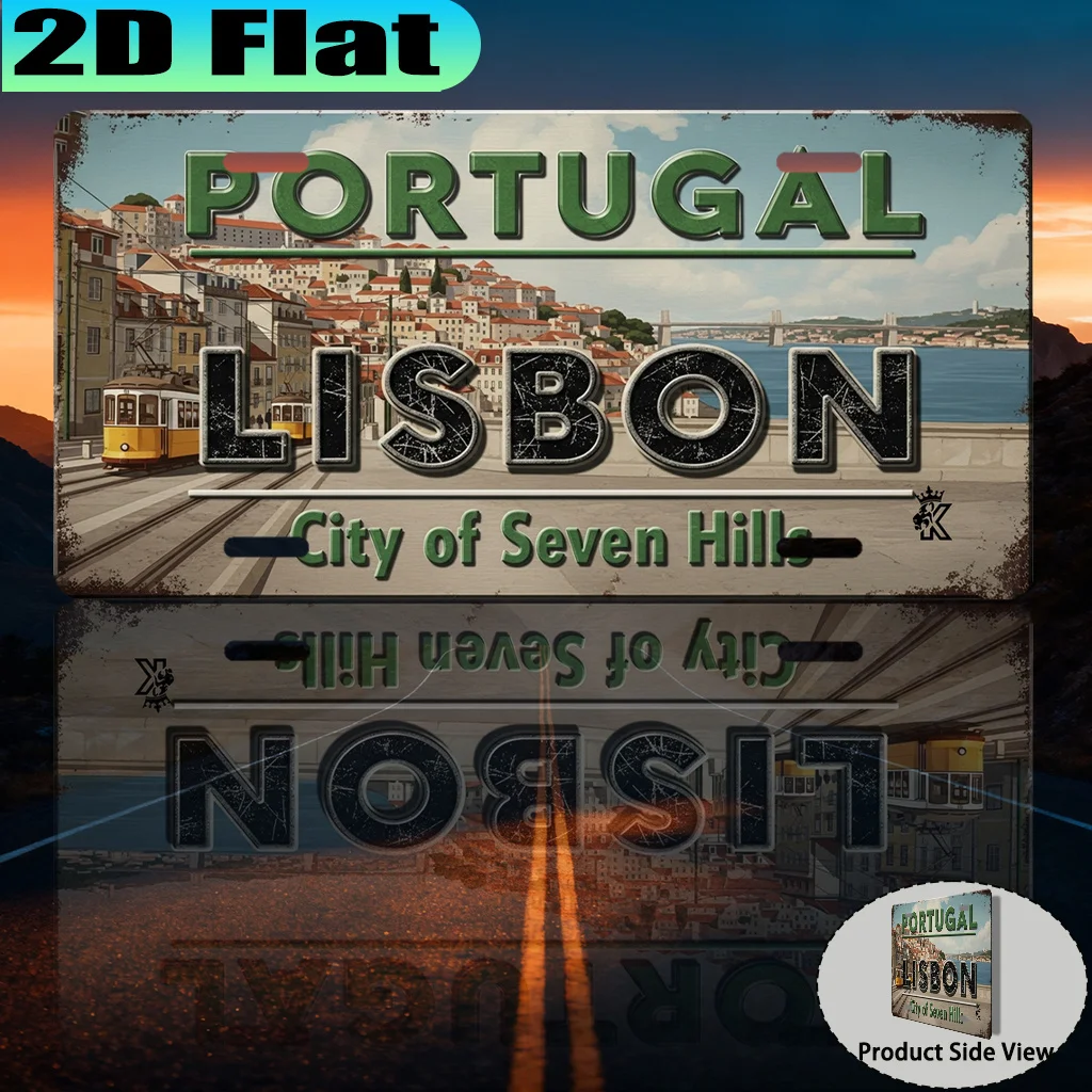 2D Flat, 1pc Lisbon Seven Hills Vintage Aluminum License Plate Sign, Vintage Urban Style, Travel Lover Gift, Souvenir Gift