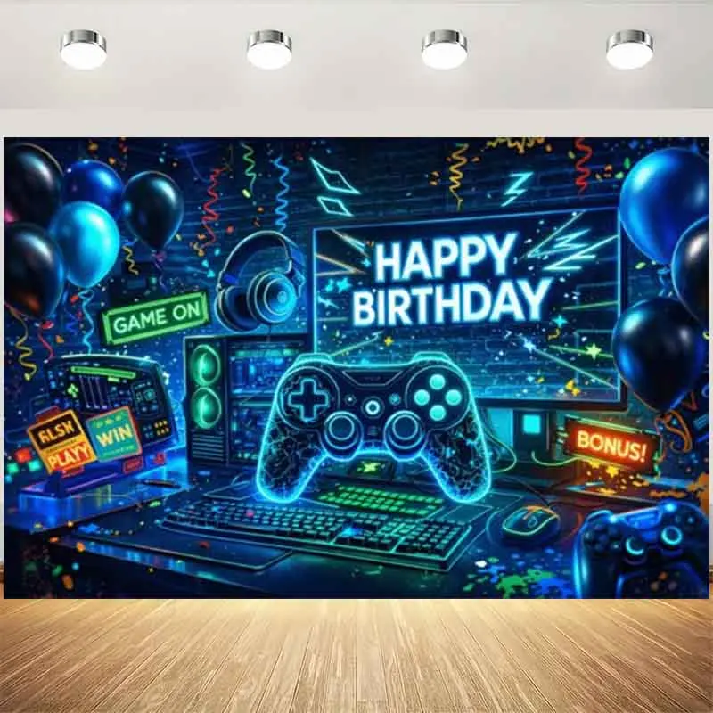 Neon Game Happy Birthday Backdrop, Game Controller Headset Gamer Boys Party Photography Background Photo Studio Decor Prop
