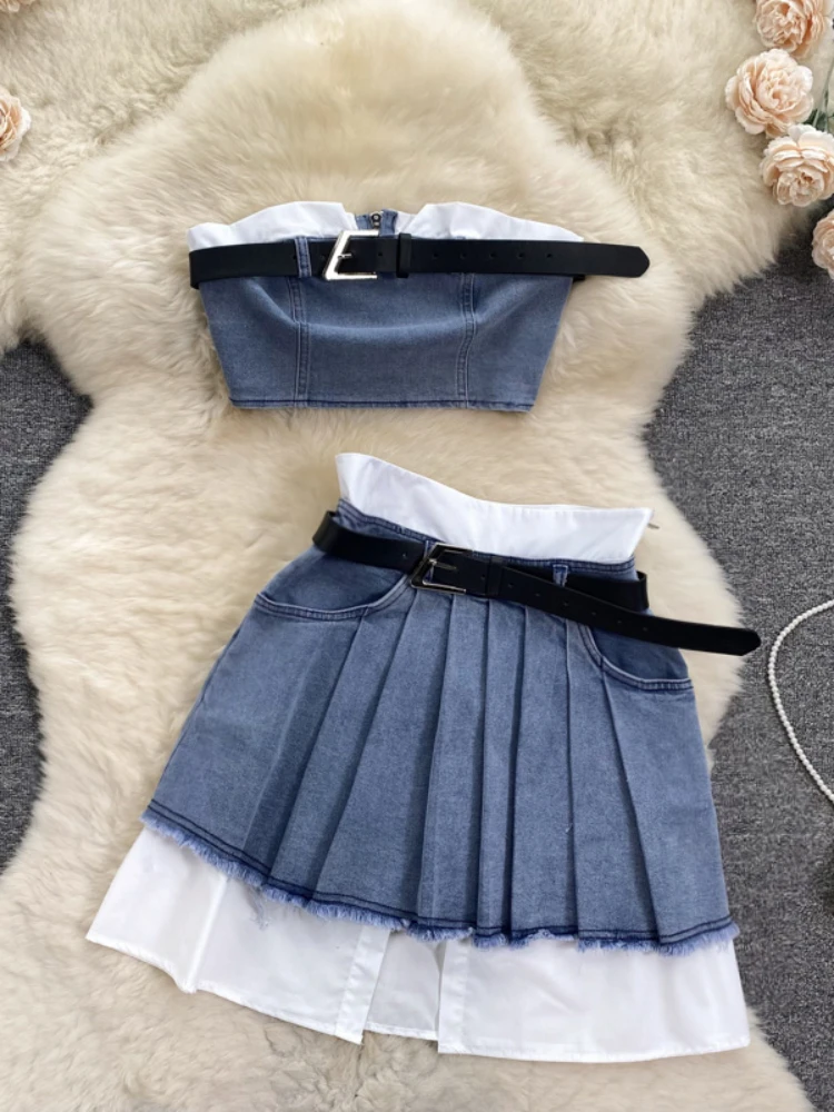 Hikigawa Chic Fashion Women Vintage y2k 2 Sets Safari Style Cropped Tube Top + High Waist Casual All match Pleated Mini Skirts