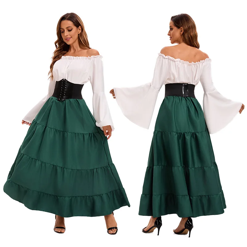 Medieval Renaissance Dress with Waist Corset Women Vintage Queen Costume Off Shoulder Victorian Outfits