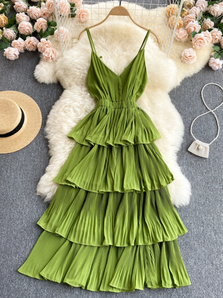 Women Beach Midi Dress 2021 New Summer Sexy V-neck Pleat Layer Ruffled Beach Dresses Ladies Elegant A Line Long Robe Vestido