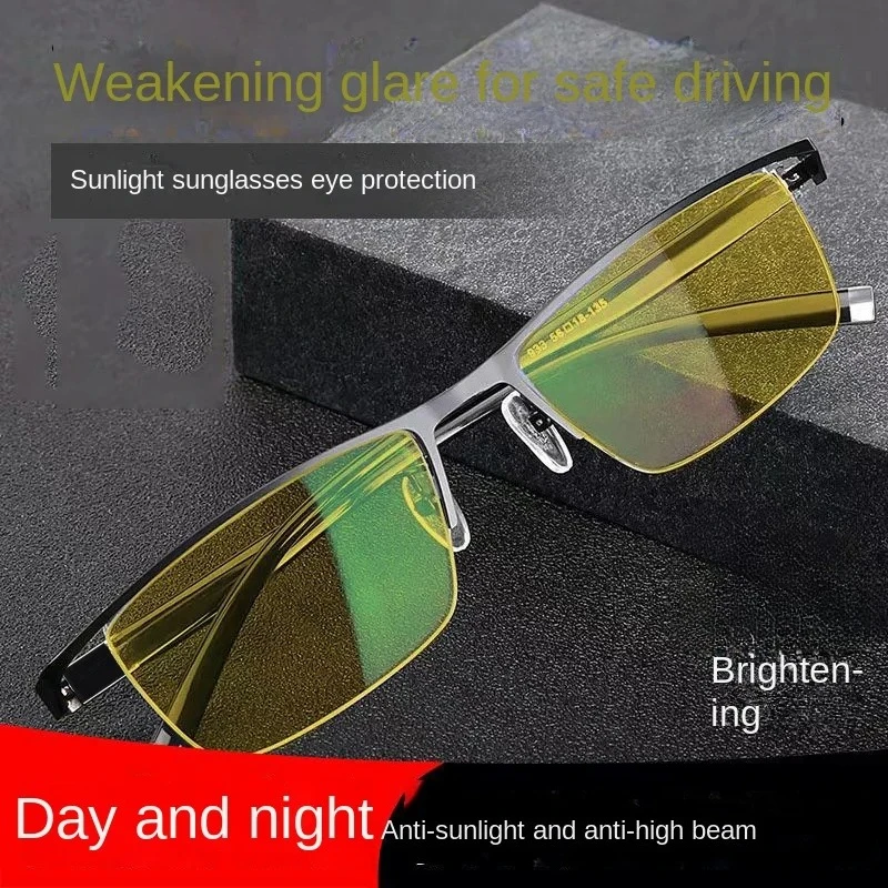 Zdjęcie 5: Okulary fotochromowe do jazdy nocnej, metalowe, półramkowe, w stylu biznesowym, do użytku na zewnątrz, z ochroną UV, męskie okulary przeciwsłoneczne antyrefleksyjne do jazdy.