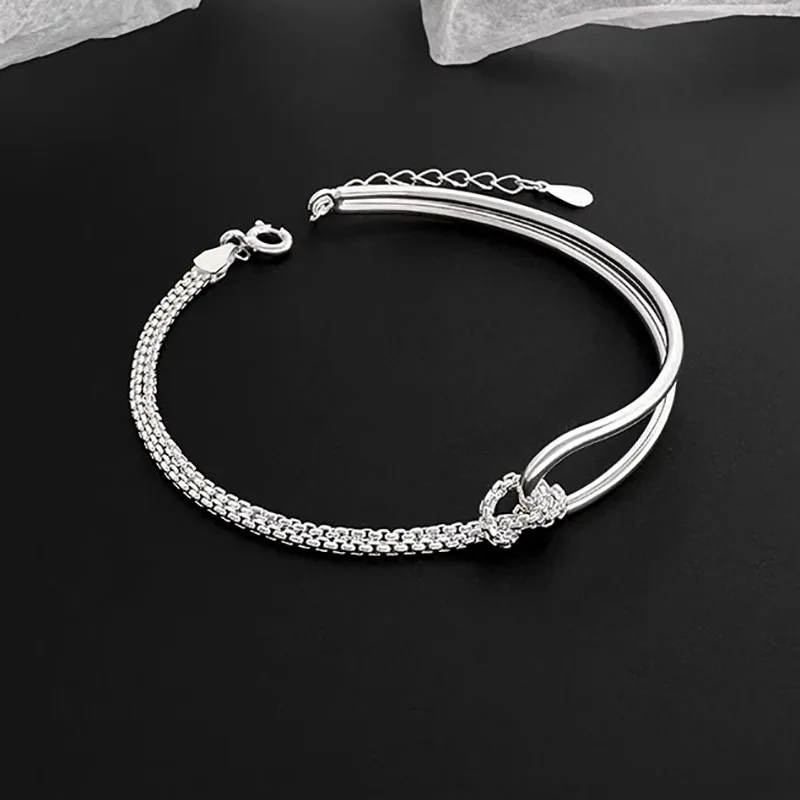 Exquisite Simple 925 Sterling Silver Asymmetrical Chain Knotted Hollowed Bracelet for Women Girls Korean Jewelry Accessory Gifts