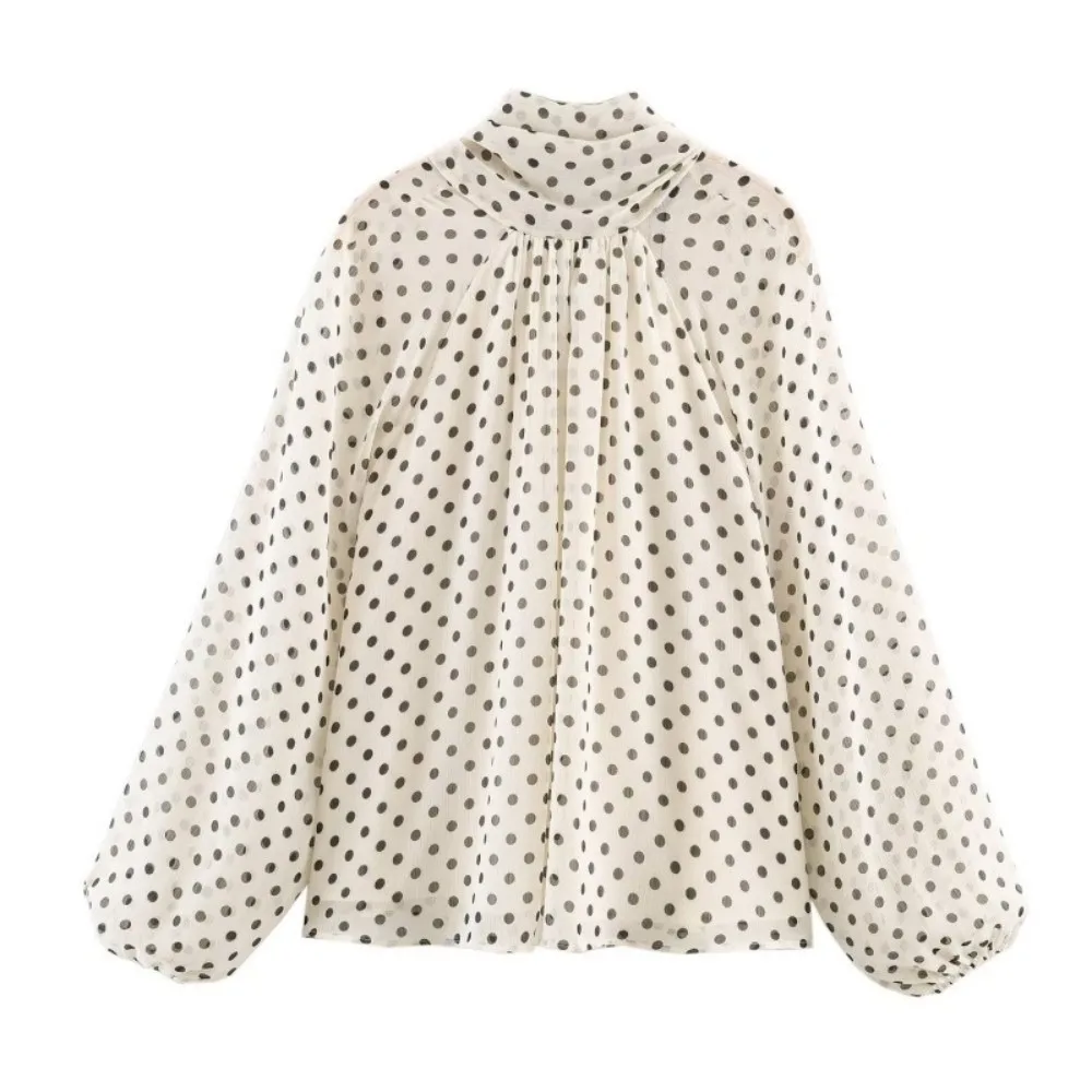 

Casual Lantern Sleeve Polka Dot Shirt Loose Fit Long Sleeve Lace Up Blouse Pleated Breathable Chiffon Blouses Office Lady