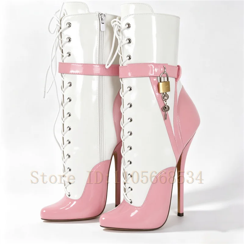 Patent Leather Patchwork Ultra High Heel Ankle Boot Lock Decor Front Lace Up Side Zipper Stiletto Booties for Pole Dance Perform