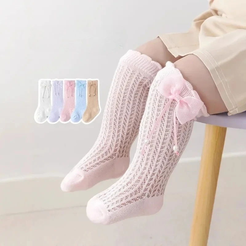 5 Colors Infant Bowknot Pearl Design Mesh Stockings,Sweet Knee Length Cotton Socks for Baby Girls Kids Party Ball Hosiery Gifts