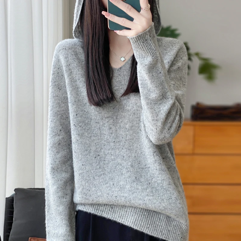 Fall/Winter 2024 New Women\'s Hooded Sweater 100% wool V-neck loose fashion cashmere bottoming pullover